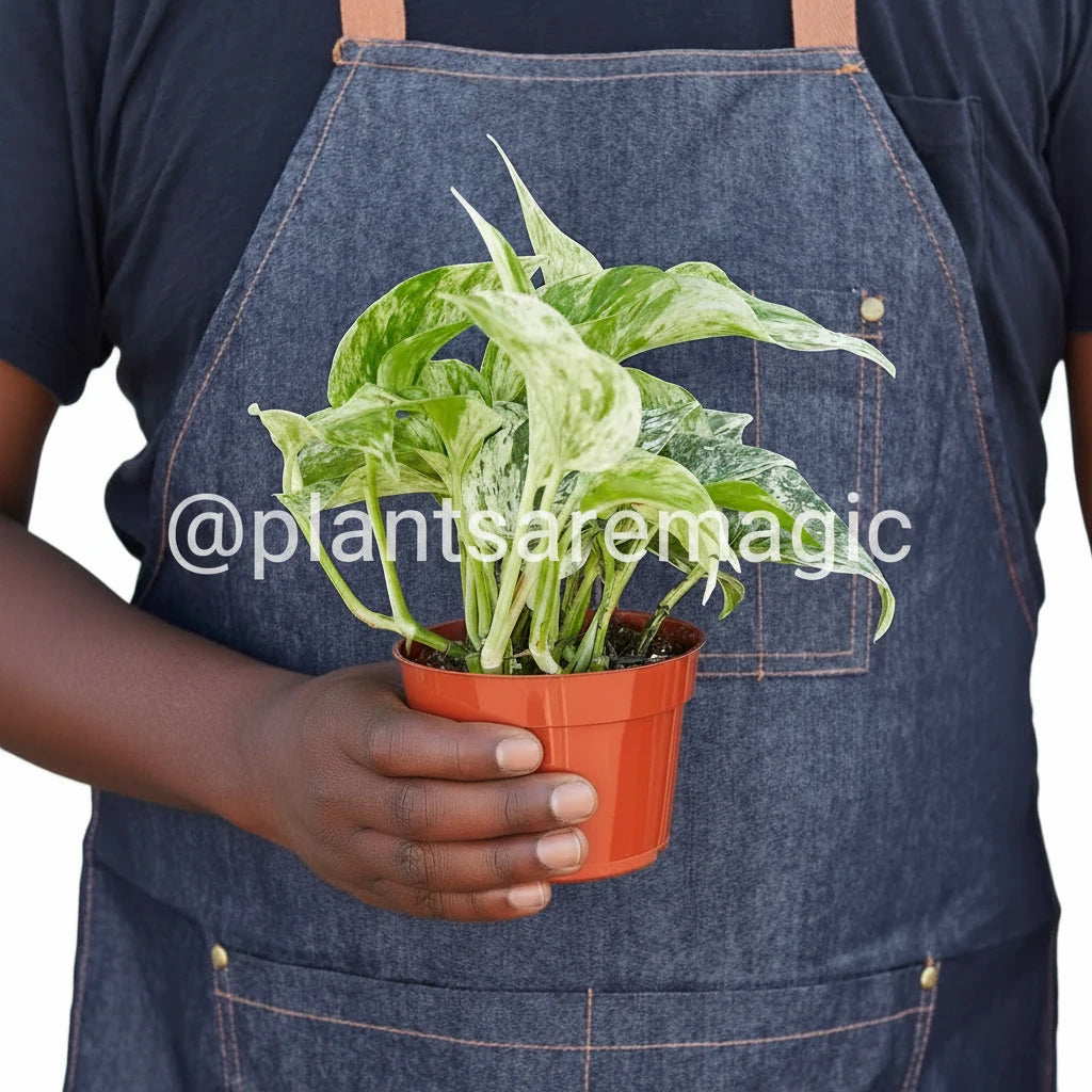 black Person wearing a denim apron holding a green and white varigated potted plant