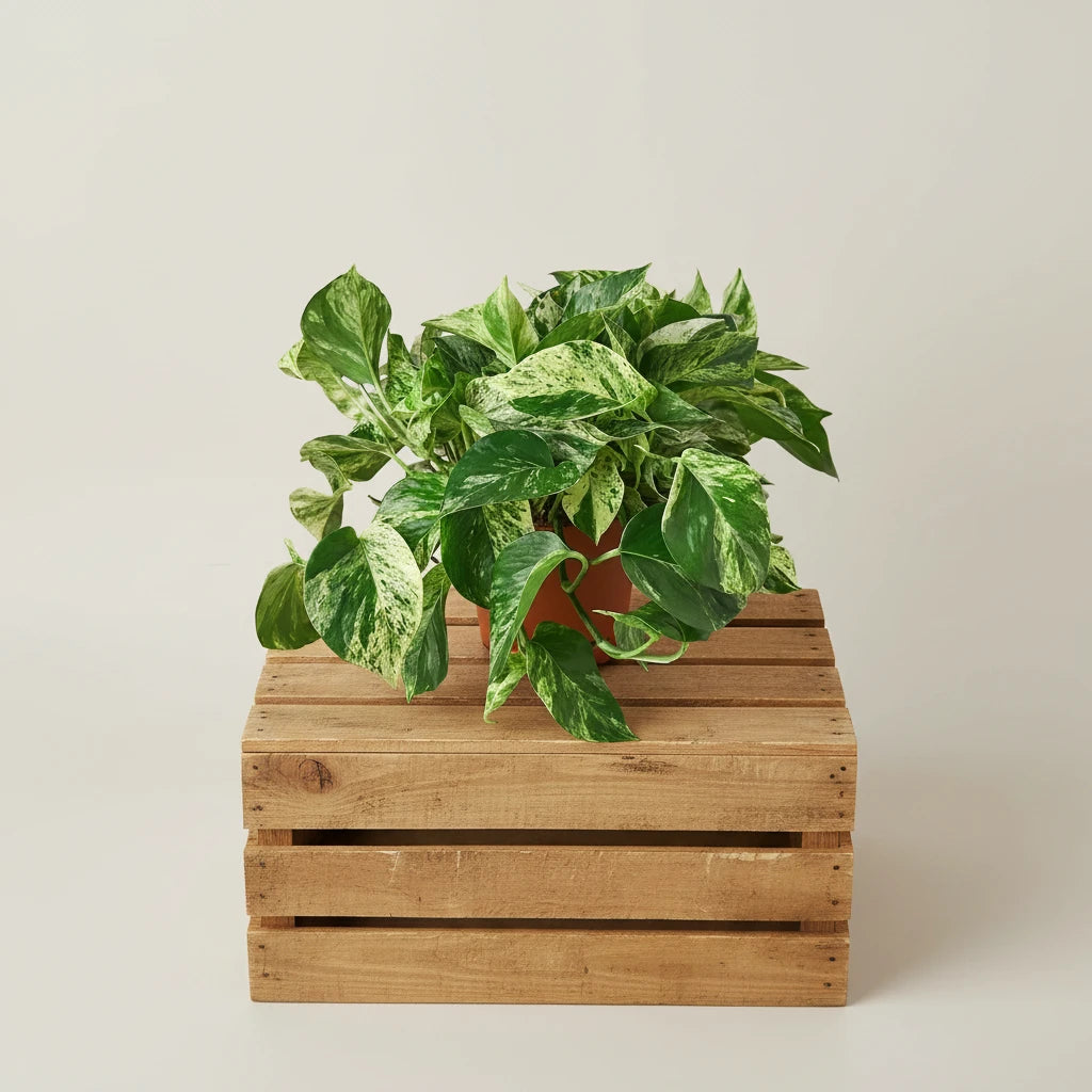 Potted plant with green leaves with cream varigation on a white background