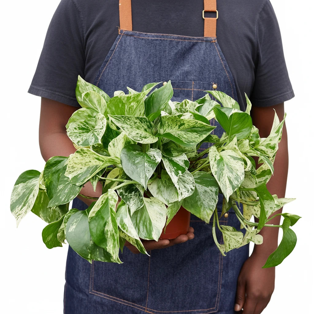 Person holding a potted plant wearing a denim apron on a white background